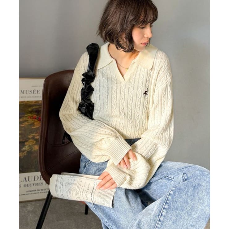 ”品よく華やぐ”。大人のマストバイニット。胸刺繍ケーブル編みポロ襟スキッパーニッ… | Classical Elf  | 詳細画像11 