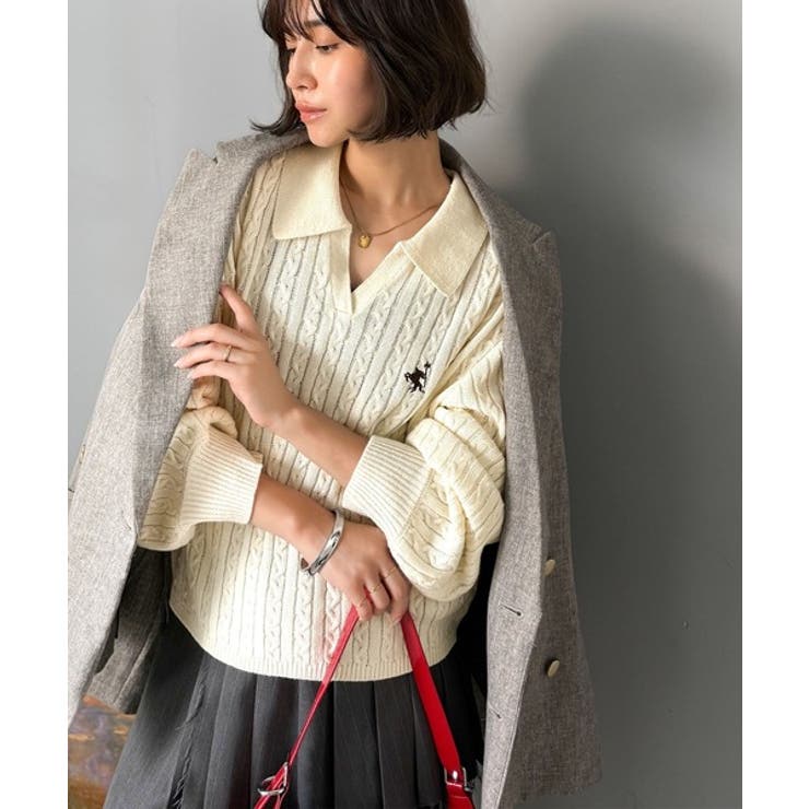 ”品よく華やぐ”。大人のマストバイニット。胸刺繍ケーブル編みポロ襟スキッパーニッ… | Classical Elf  | 詳細画像13 