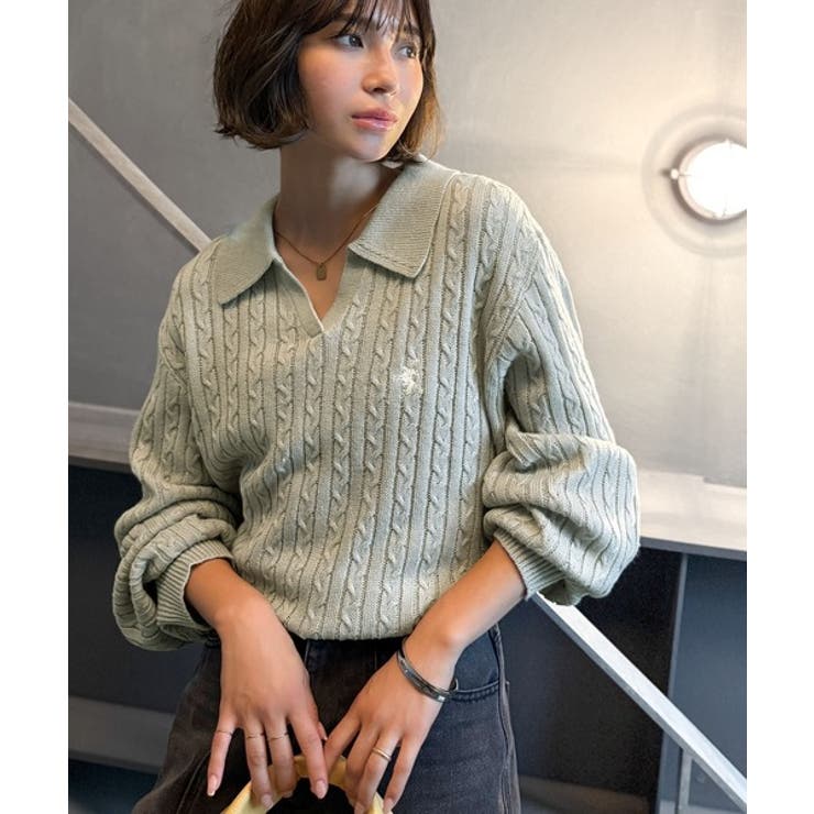 ”品よく華やぐ”。大人のマストバイニット。胸刺繍ケーブル編みポロ襟スキッパーニッ… | Classical Elf  | 詳細画像14 