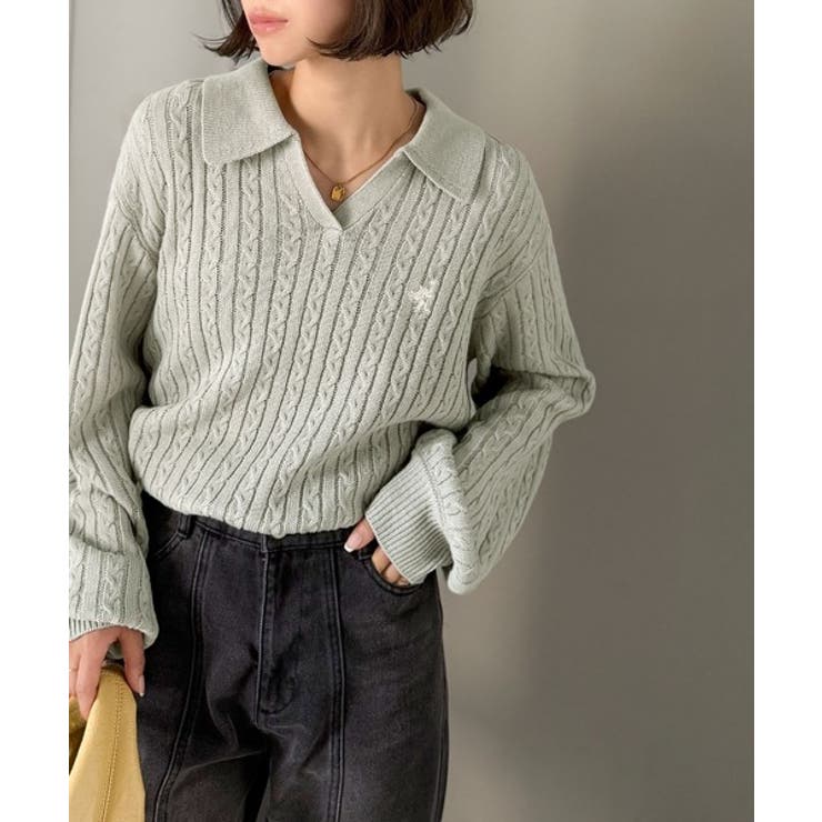 ”品よく華やぐ”。大人のマストバイニット。胸刺繍ケーブル編みポロ襟スキッパーニッ… | Classical Elf  | 詳細画像15 