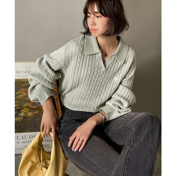 ”品よく華やぐ”。大人のマストバイニット。胸刺繍ケーブル編みポロ襟スキッパーニッ… | Classical Elf  | 詳細画像19 