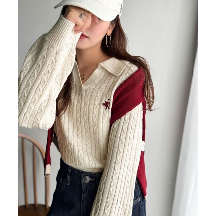 ”品よく華やぐ”。大人のマストバイニット。胸刺繍ケーブル編みポロ襟スキッパーニッ… | Classical Elf  | 詳細画像20 