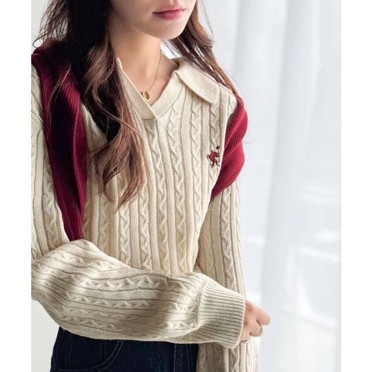 ”品よく華やぐ”。大人のマストバイニット。胸刺繍ケーブル編みポロ襟スキッパーニッ… | Classical Elf  | 詳細画像21 