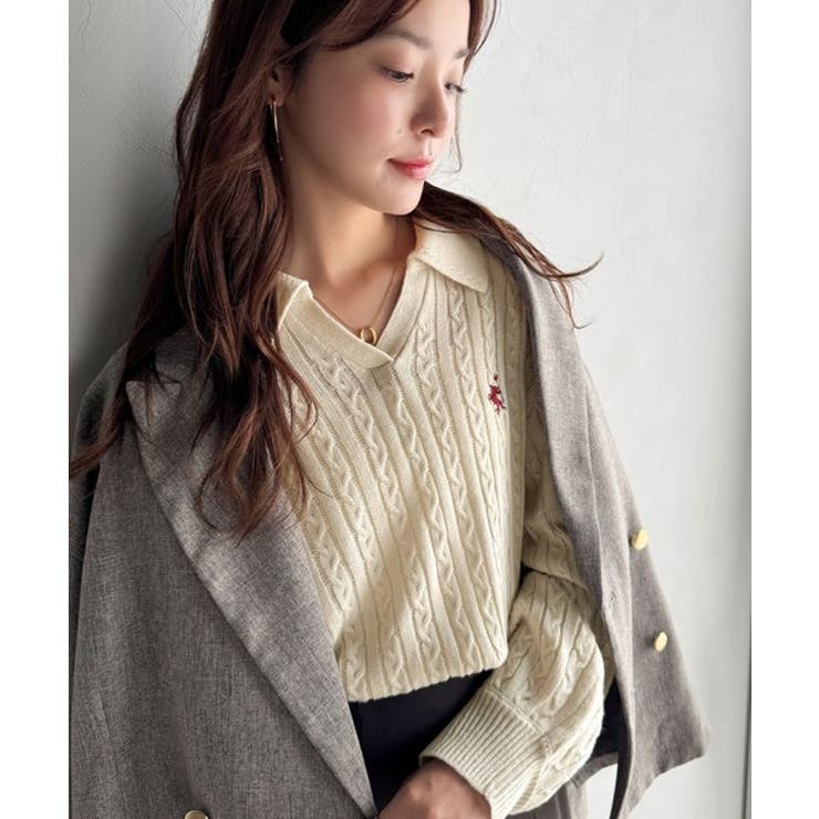 ”品よく華やぐ”。大人のマストバイニット。胸刺繍ケーブル編みポロ襟スキッパーニッ… | Classical Elf  | 詳細画像22 