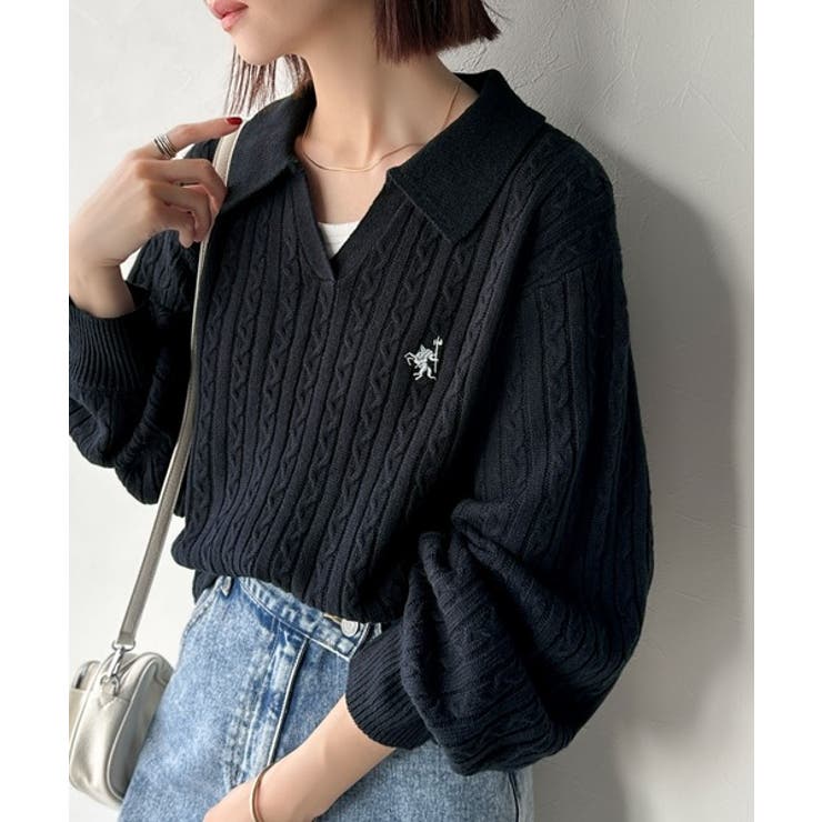 ”品よく華やぐ”。大人のマストバイニット。胸刺繍ケーブル編みポロ襟スキッパーニッ… | Classical Elf  | 詳細画像24 