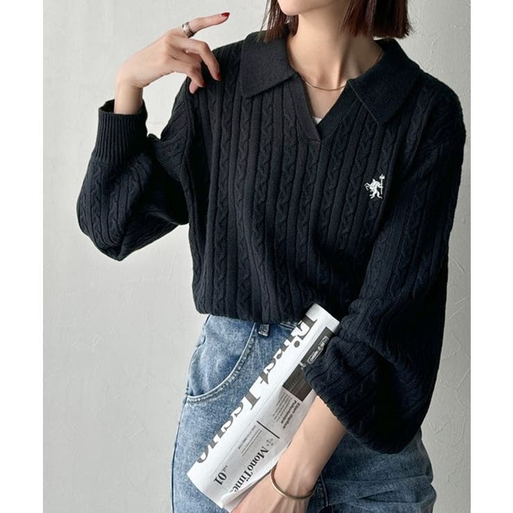 ”品よく華やぐ”。大人のマストバイニット。胸刺繍ケーブル編みポロ襟スキッパーニッ… | Classical Elf  | 詳細画像25 