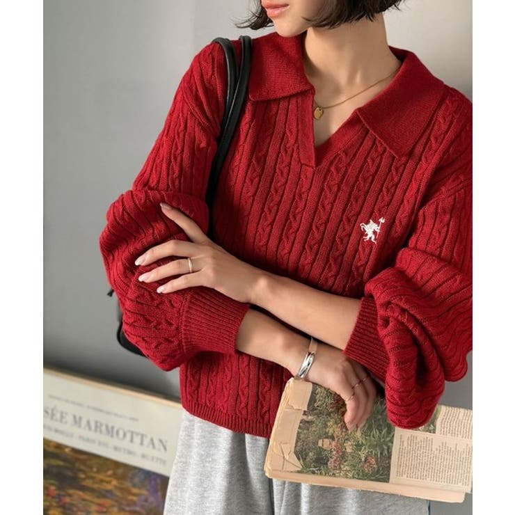 ”品よく華やぐ”。大人のマストバイニット。胸刺繍ケーブル編みポロ襟スキッパーニッ… | Classical Elf  | 詳細画像29 