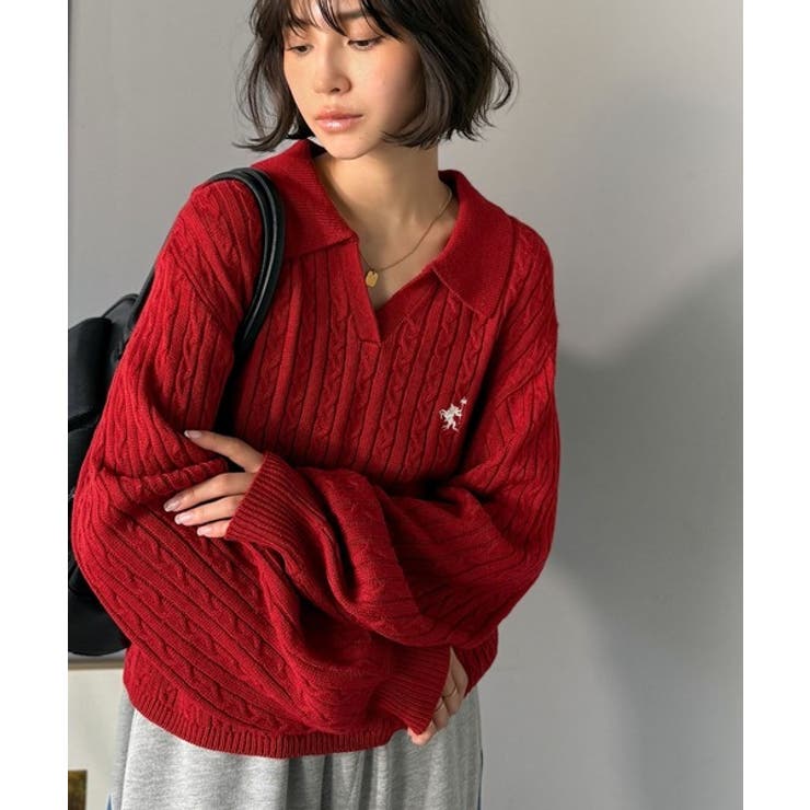 ”品よく華やぐ”。大人のマストバイニット。胸刺繍ケーブル編みポロ襟スキッパーニッ… | Classical Elf  | 詳細画像30 