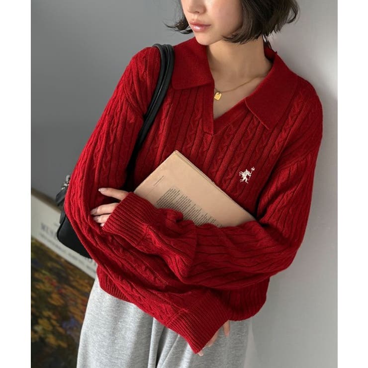 ”品よく華やぐ”。大人のマストバイニット。胸刺繍ケーブル編みポロ襟スキッパーニッ… | Classical Elf  | 詳細画像33 