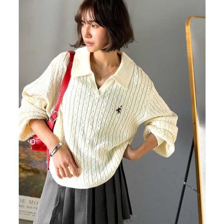 ”品よく華やぐ”。大人のマストバイニット。胸刺繍ケーブル編みポロ襟スキッパーニッ… | Classical Elf  | 詳細画像3 