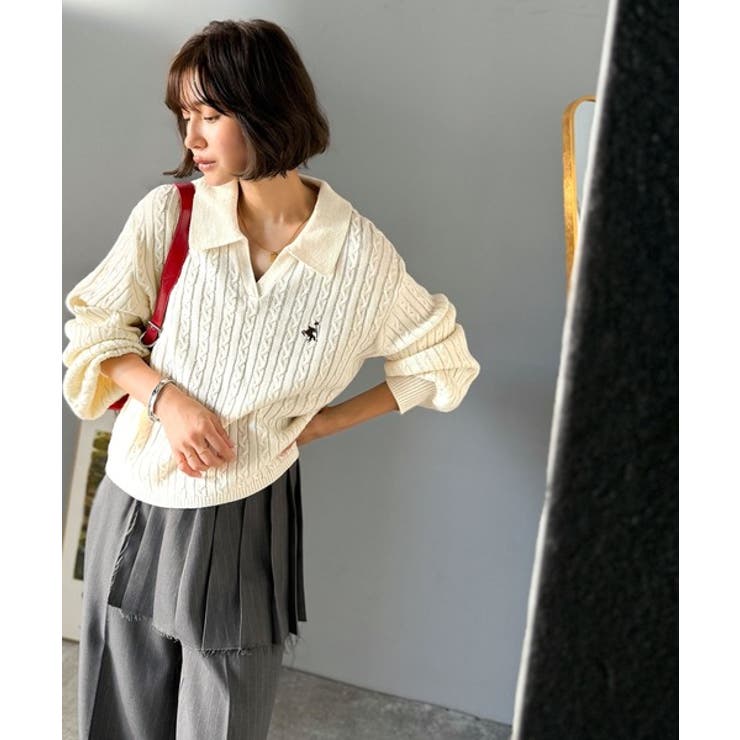 ”品よく華やぐ”。大人のマストバイニット。胸刺繍ケーブル編みポロ襟スキッパーニッ… | Classical Elf  | 詳細画像4 