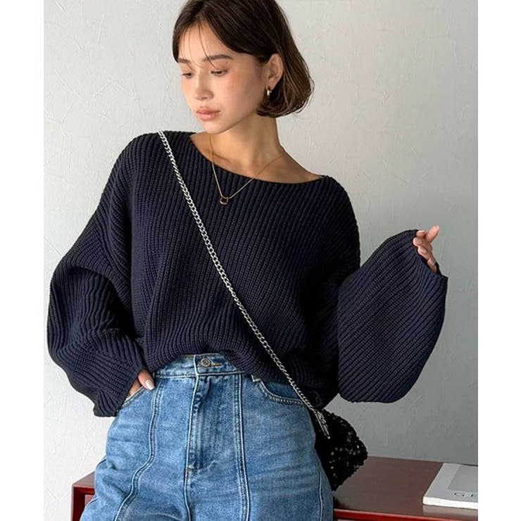 ネイビー | 立体スリーブで叶える、こなれシルエット。コクーンスリーブシンプルプルオーバーニッ… | Classical Elf 