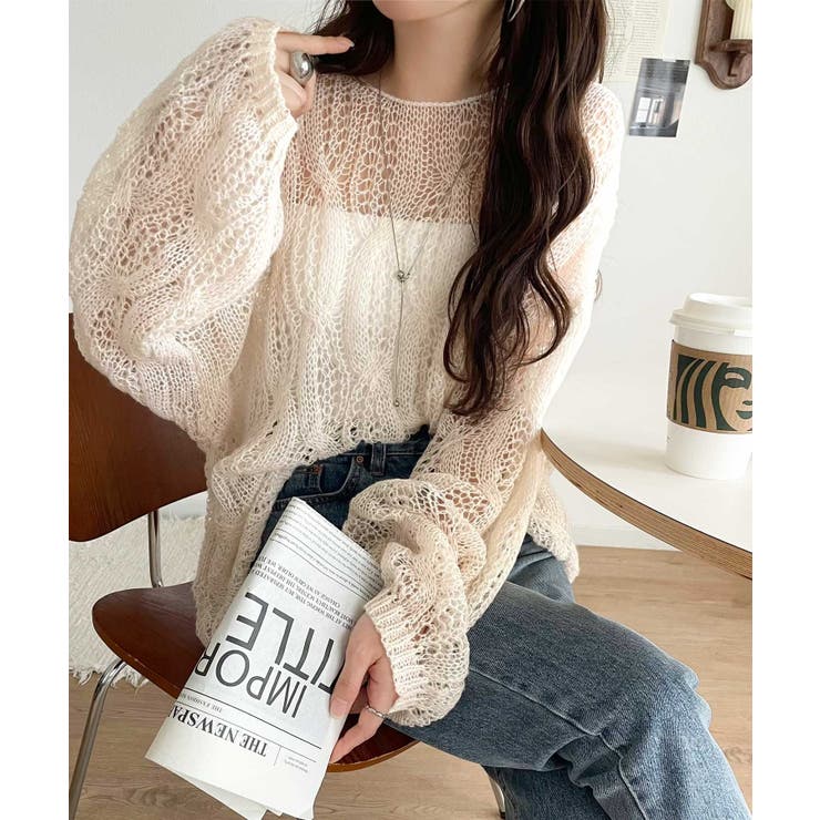 アイボリー | ゆるっと抜け感漂う！透かし編みケーブルオーバーサイズニット（長袖） | Classical Elf 