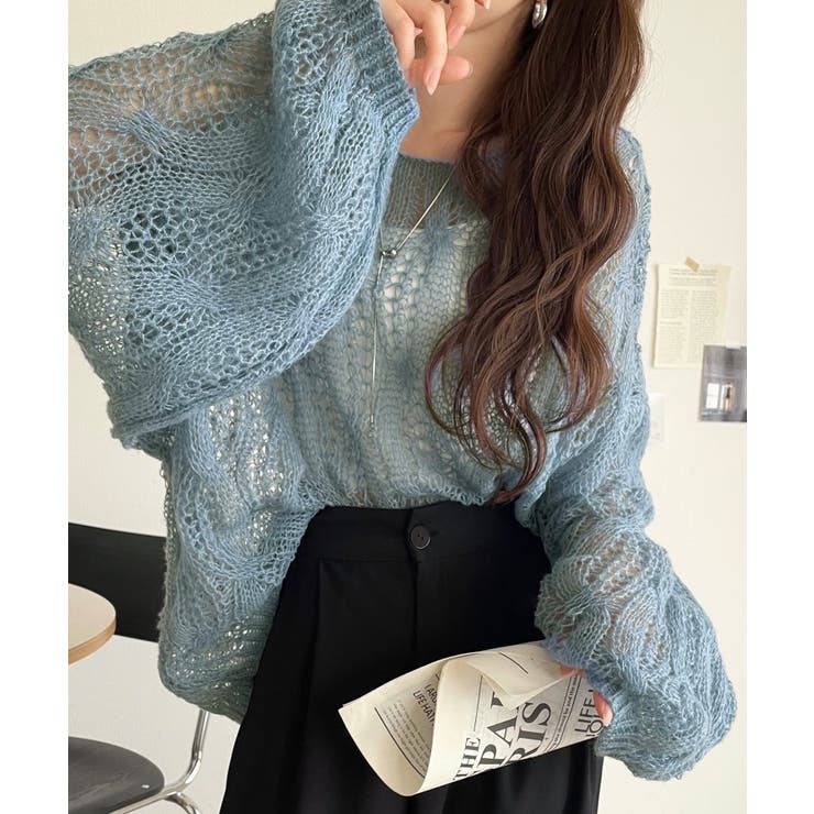 ブルー | ゆるっと抜け感漂う！透かし編みケーブルオーバーサイズニット（長袖） | Classical Elf 