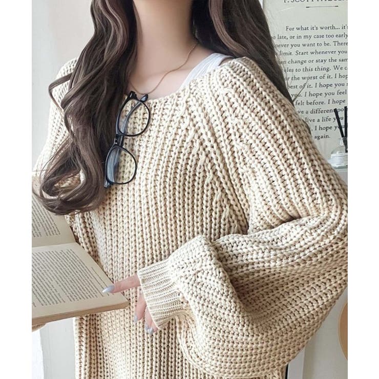 アイボリー | 後ろ姿まで抜け感UP♪ケーブル編みバックデザイン×ルース片畦ビッグラグランニット… | Classical Elf 