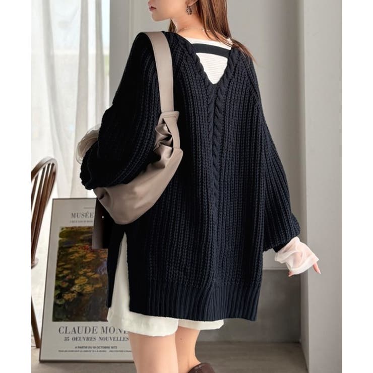 ネイビー | 後ろ姿まで抜け感UP♪ケーブル編みバックデザイン×ルース片畦ビッグラグランニット… | Classical Elf 