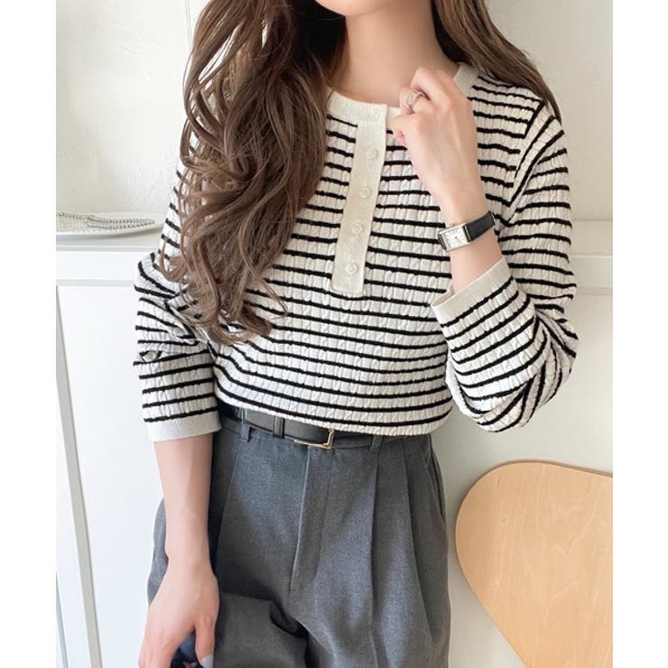 ホワイトボーダー | もっちり柔らかな風合い。ミニケーブル編みヘンリーネックニット（長袖） | Classical Elf 