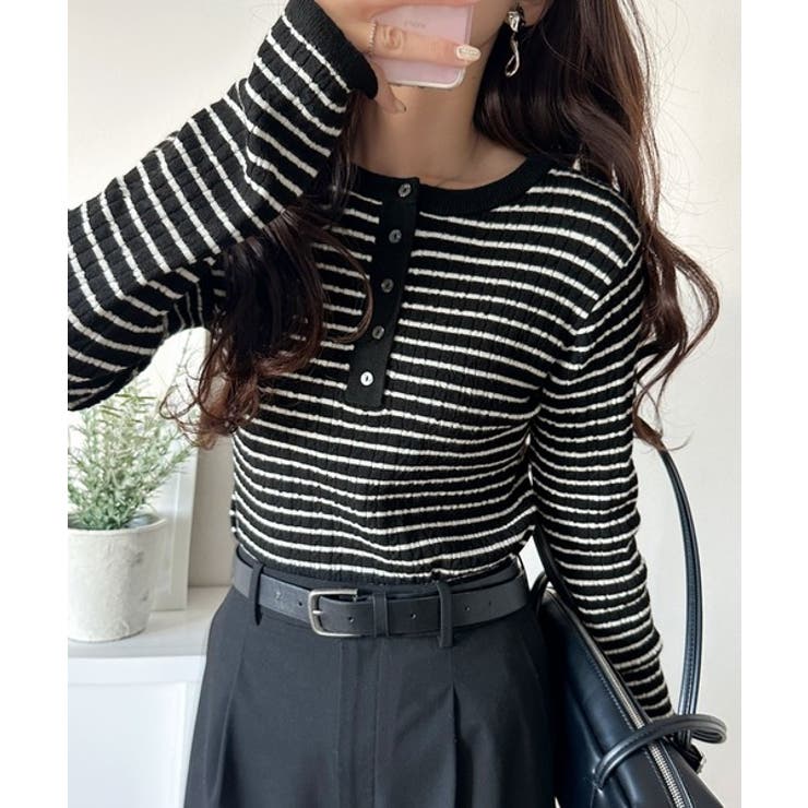 ブラックボーダー | もっちり柔らかな風合い。ミニケーブル編みヘンリーネックニット（長袖） | Classical Elf 