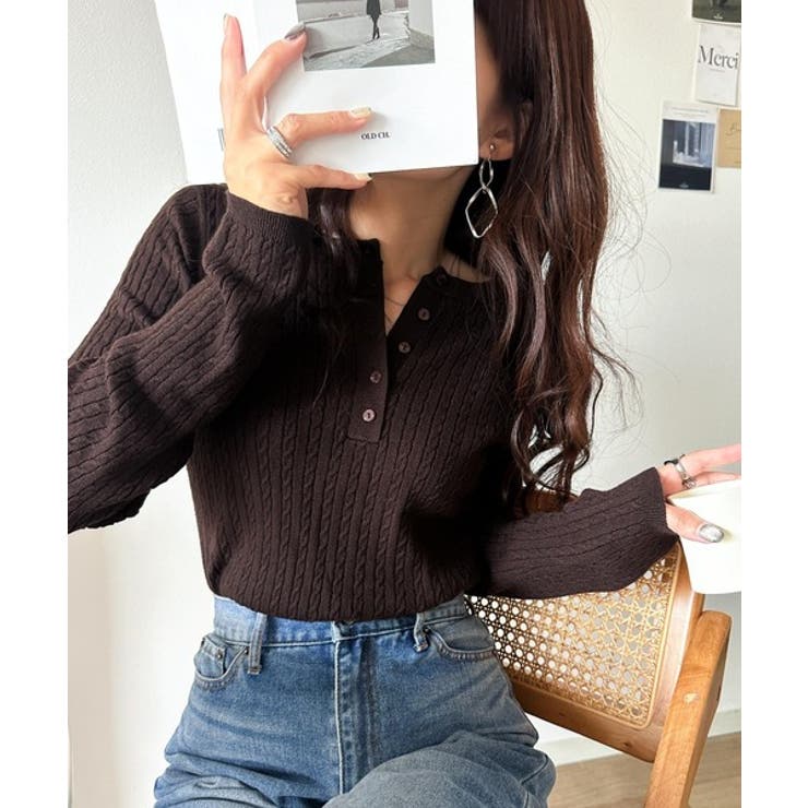 ブラウン | もっちり柔らかな風合い。ミニケーブル編みヘンリーネックニット（長袖） | Classical Elf 