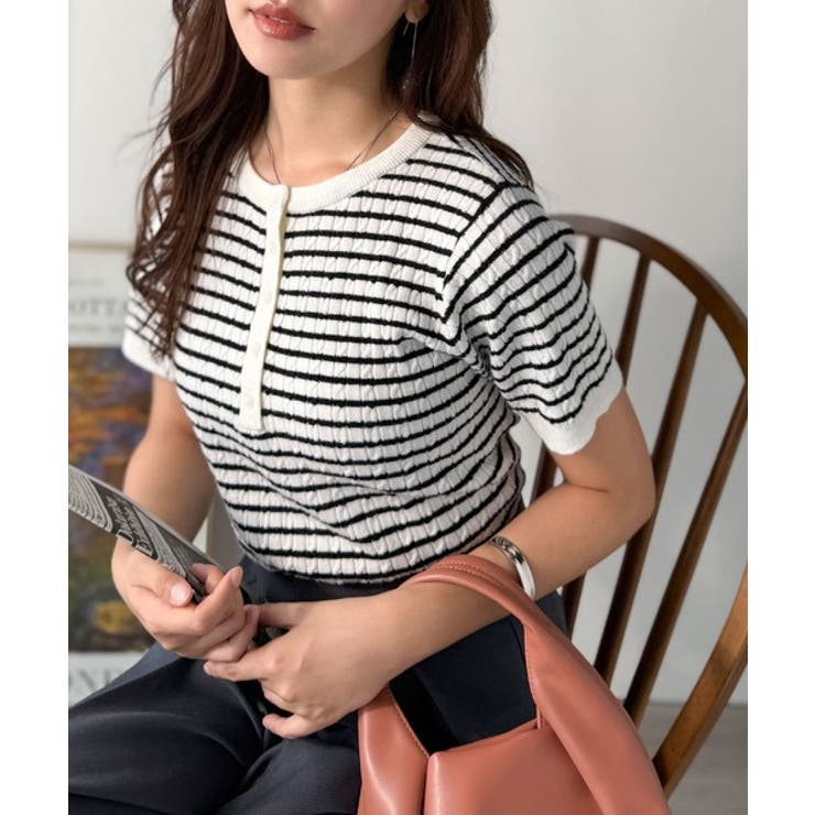 ホワイトボーダー | シンプルな心地よさ。半袖ヘンリーミニケーブルニット（半袖） | Classical Elf 