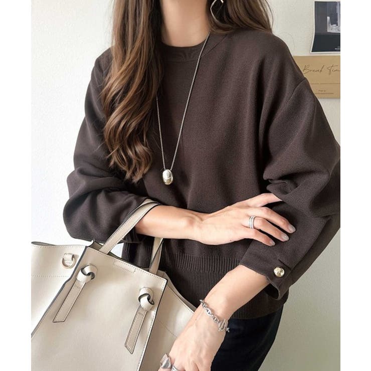 ブラウン | ゆったりなのに上品でキチンと見え。ミラノリブ袖先ゴールドボタンプルオーバー | Classical Elf 