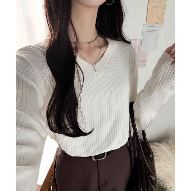 デコルテ美人。着映えVネックシンプルリブニット（長袖） | Classical Elf  | 詳細画像1 