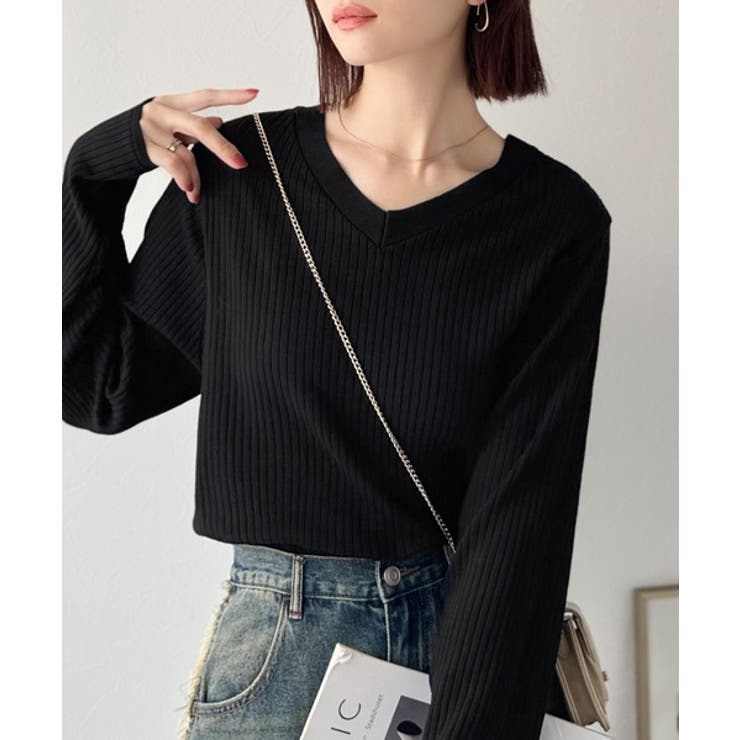 ブラック | デコルテ美人。着映えVネックシンプルリブニット（長袖） | Classical Elf 