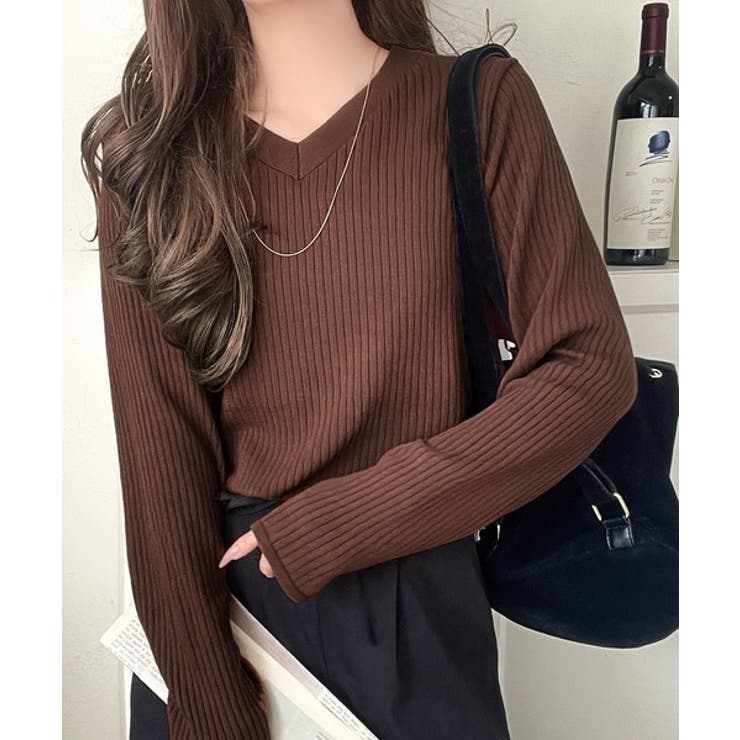 ブラウン | デコルテ美人。着映えVネックシンプルリブニット（長袖） | Classical Elf 