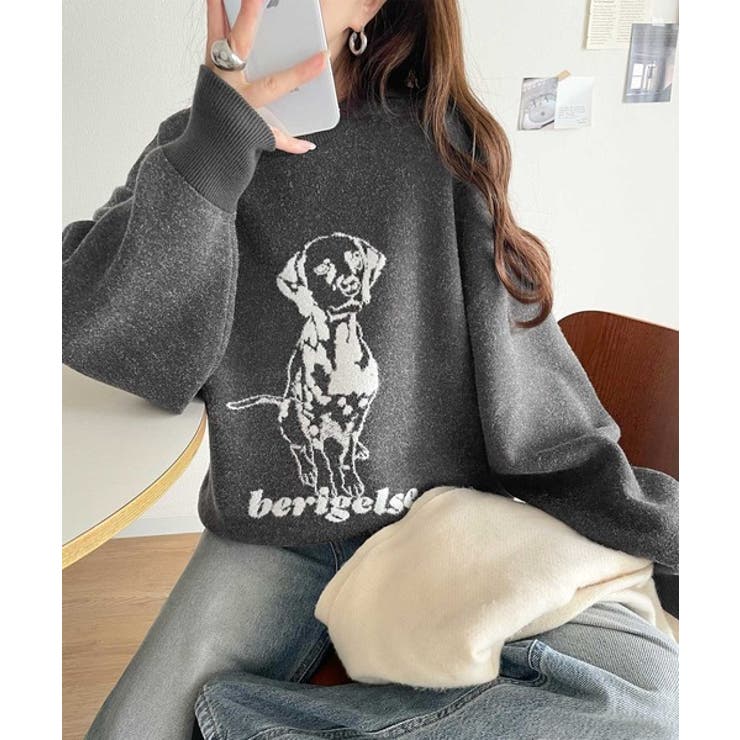 チャコール | 着心地抜群！大人かわいいスタイルに♪ダブルジャガード配色ダルメシアン柄ニット | Classical Elf 