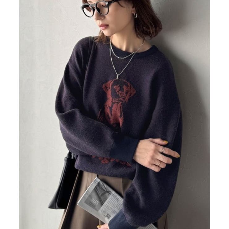 ネイビー | 着心地抜群！大人かわいいスタイルに♪ダブルジャガード配色ダルメシアン柄ニット | Classical Elf 