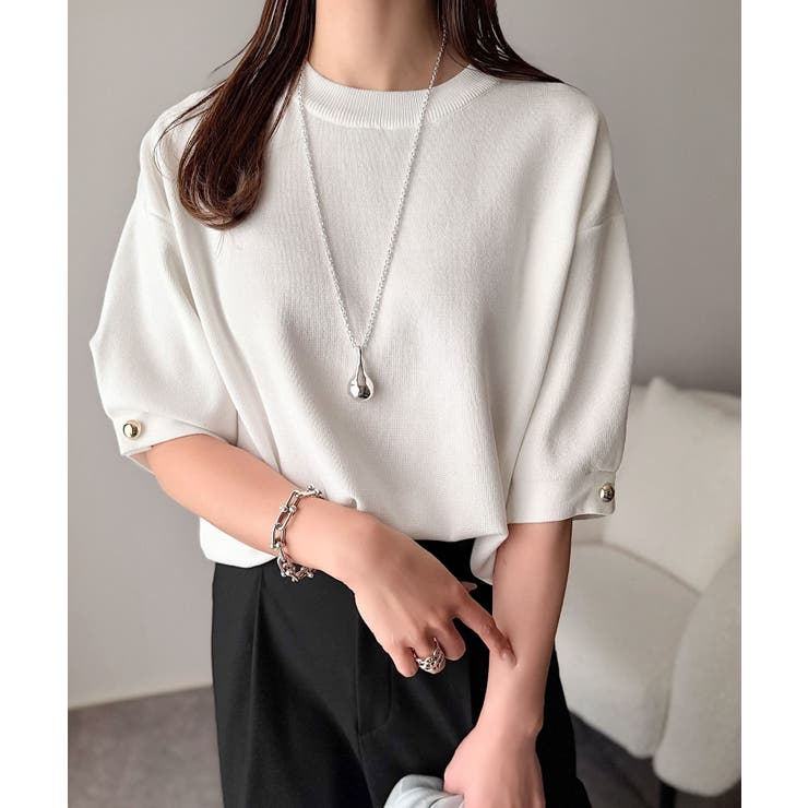 オフホワイト | 袖きらり、きちんと魅せる。ゴールドボタン使い袖タックミラノリブトップス（半袖） | Classical Elf 