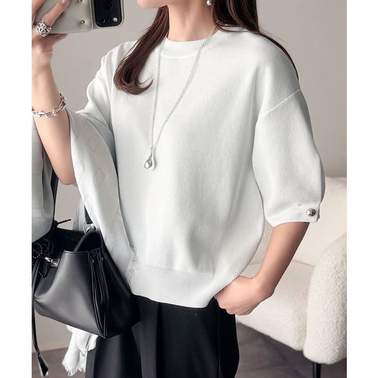 袖きらり、きちんと魅せる。ゴールドボタン使い袖タックミラノリブトップス（半袖） | Classical Elf  | 詳細画像5 