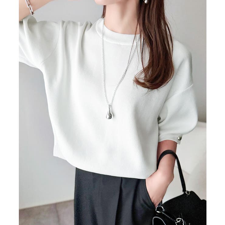 袖きらり、きちんと魅せる。ゴールドボタン使い袖タックミラノリブトップス（半袖） | Classical Elf  | 詳細画像7 