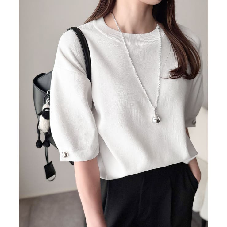 袖きらり、きちんと魅せる。ゴールドボタン使い袖タックミラノリブトップス（半袖） | Classical Elf  | 詳細画像8 