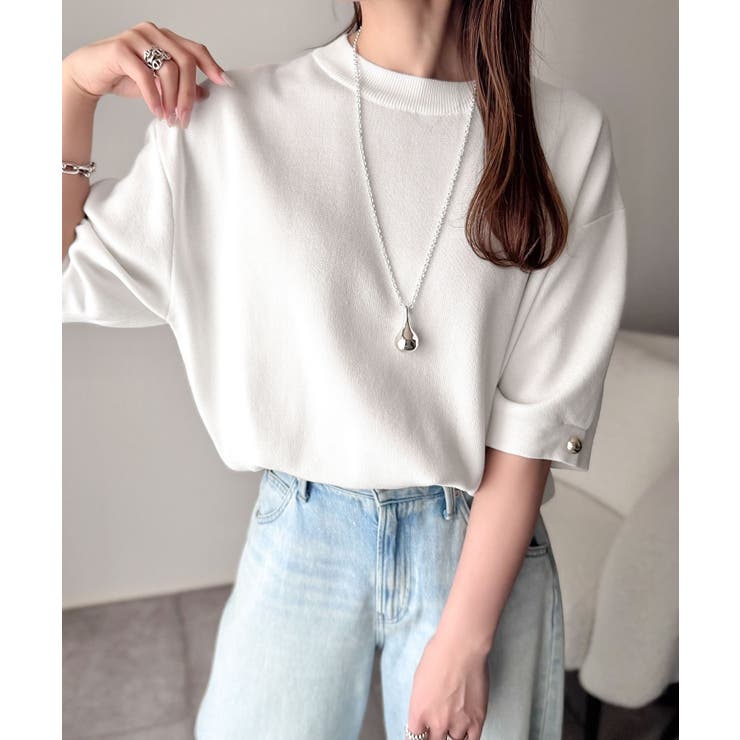 袖きらり、きちんと魅せる。ゴールドボタン使い袖タックミラノリブトップス（半袖） | Classical Elf  | 詳細画像9 