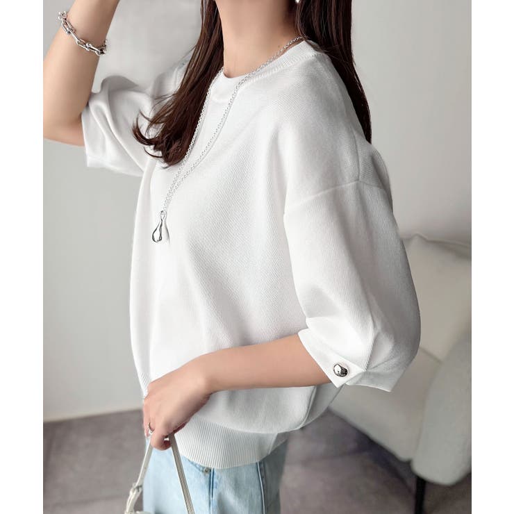 袖きらり、きちんと魅せる。ゴールドボタン使い袖タックミラノリブトップス（半袖） | Classical Elf  | 詳細画像10 