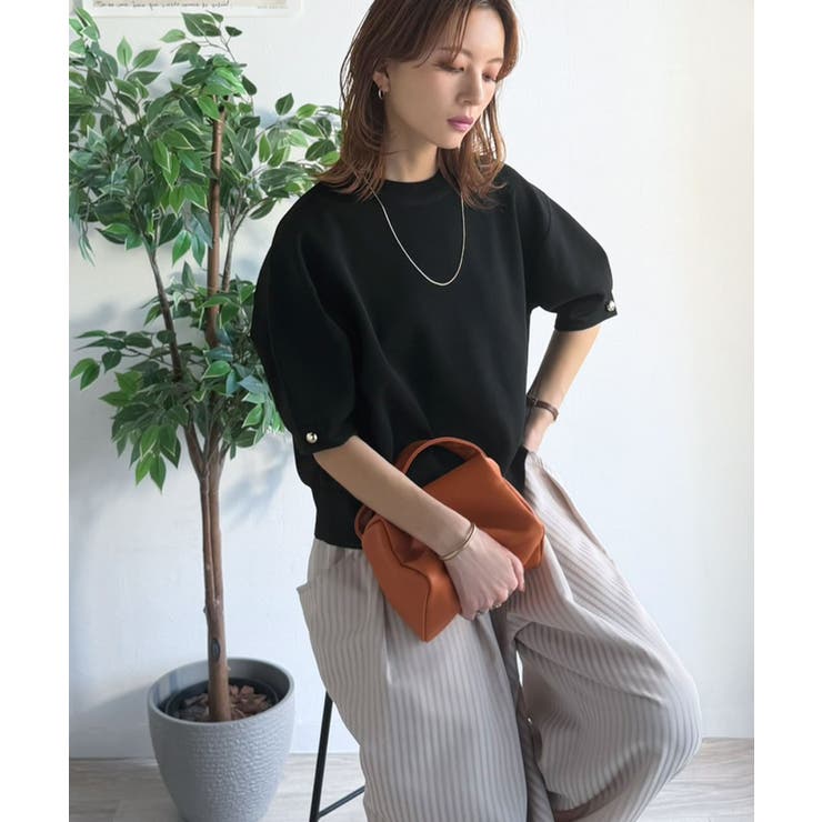 袖きらり、きちんと魅せる。ゴールドボタン使い袖タックミラノリブトップス（半袖） | Classical Elf  | 詳細画像16 