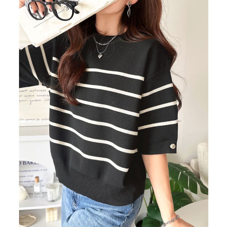 袖きらり、きちんと魅せる。ゴールドボタン使い袖タックミラノリブトップス（半袖） | Classical Elf  | 詳細画像19 