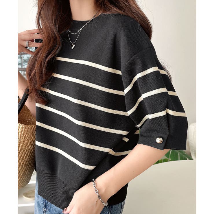 袖きらり、きちんと魅せる。ゴールドボタン使い袖タックミラノリブトップス（半袖） | Classical Elf  | 詳細画像20 