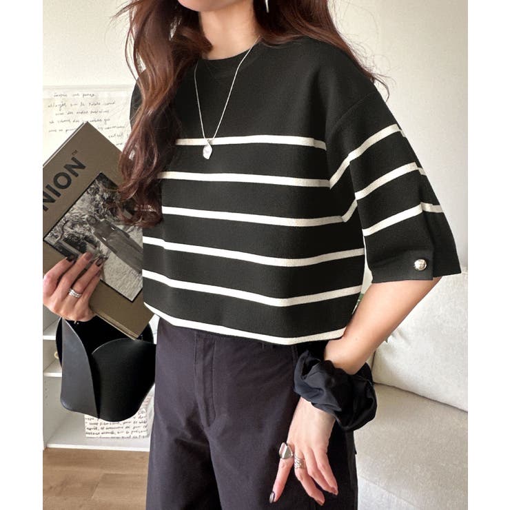 袖きらり、きちんと魅せる。ゴールドボタン使い袖タックミラノリブトップス（半袖） | Classical Elf  | 詳細画像23 