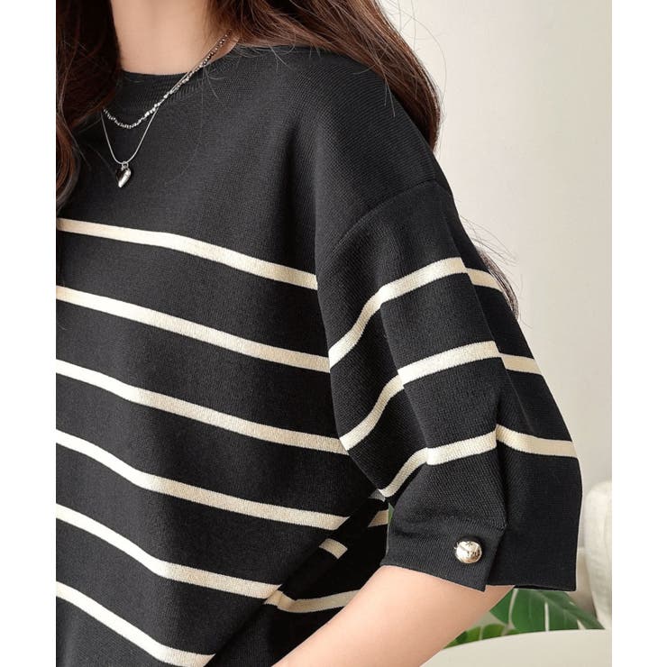 ブラックボーダー | 袖きらり、きちんと魅せる。ゴールドボタン使い袖タックミラノリブトップス（半袖） | Classical Elf 