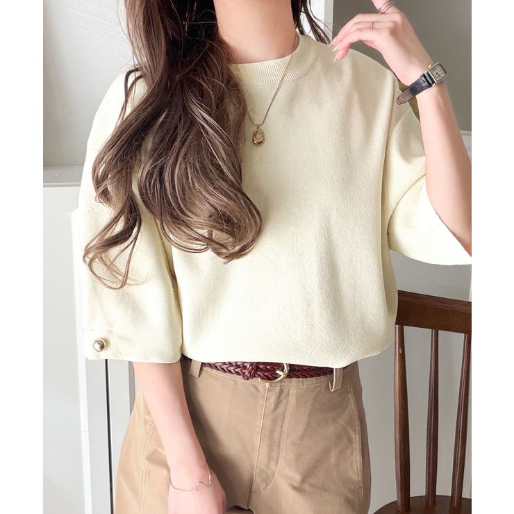 袖きらり、きちんと魅せる。ゴールドボタン使い袖タックミラノリブトップス（半袖） | Classical Elf  | 詳細画像28 