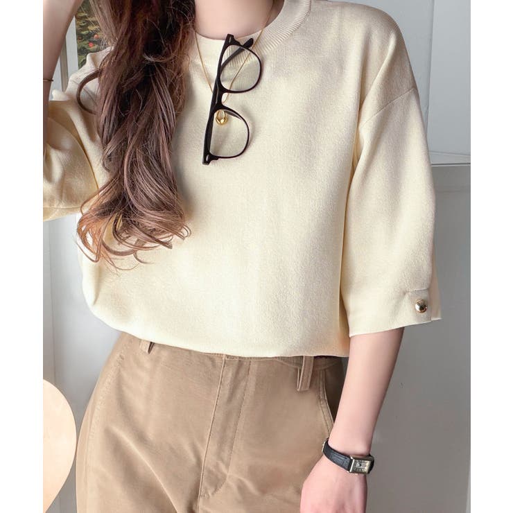 袖きらり、きちんと魅せる。ゴールドボタン使い袖タックミラノリブトップス（半袖） | Classical Elf  | 詳細画像30 