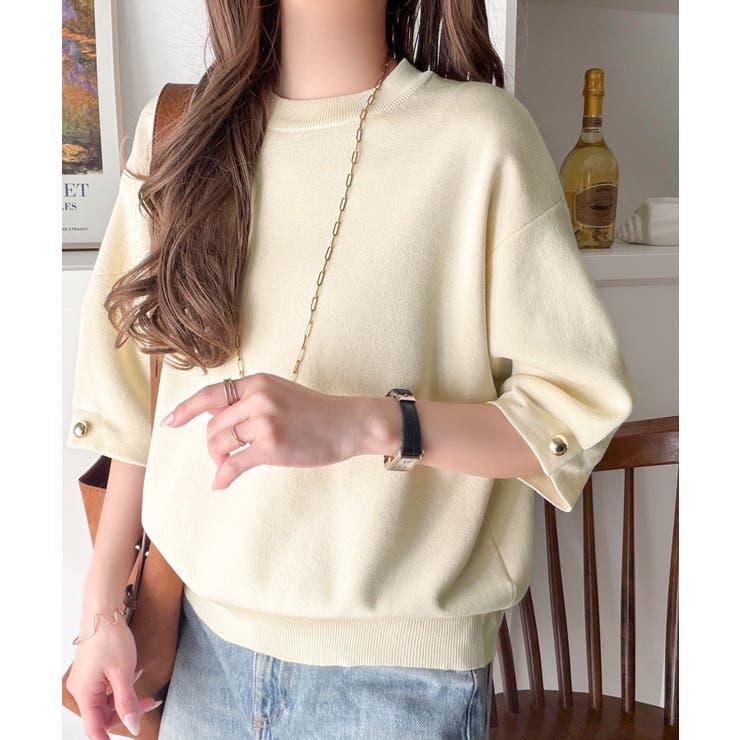 袖きらり、きちんと魅せる。ゴールドボタン使い袖タックミラノリブトップス（半袖） | Classical Elf  | 詳細画像33 