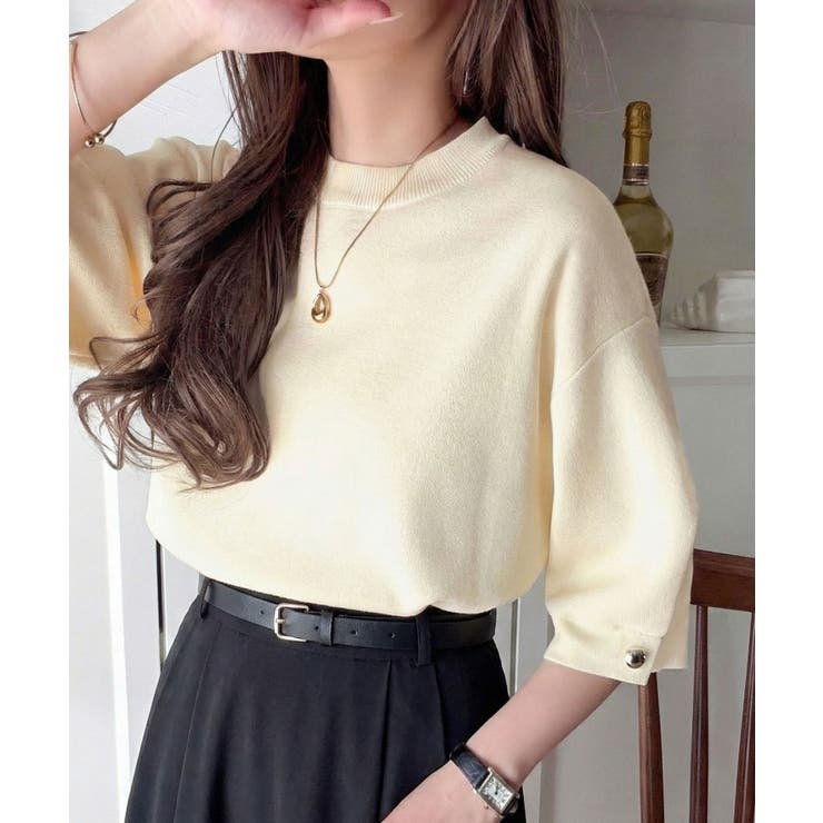 ベージュ | 袖きらり、きちんと魅せる。ゴールドボタン使い袖タックミラノリブトップス（半袖） | Classical Elf 