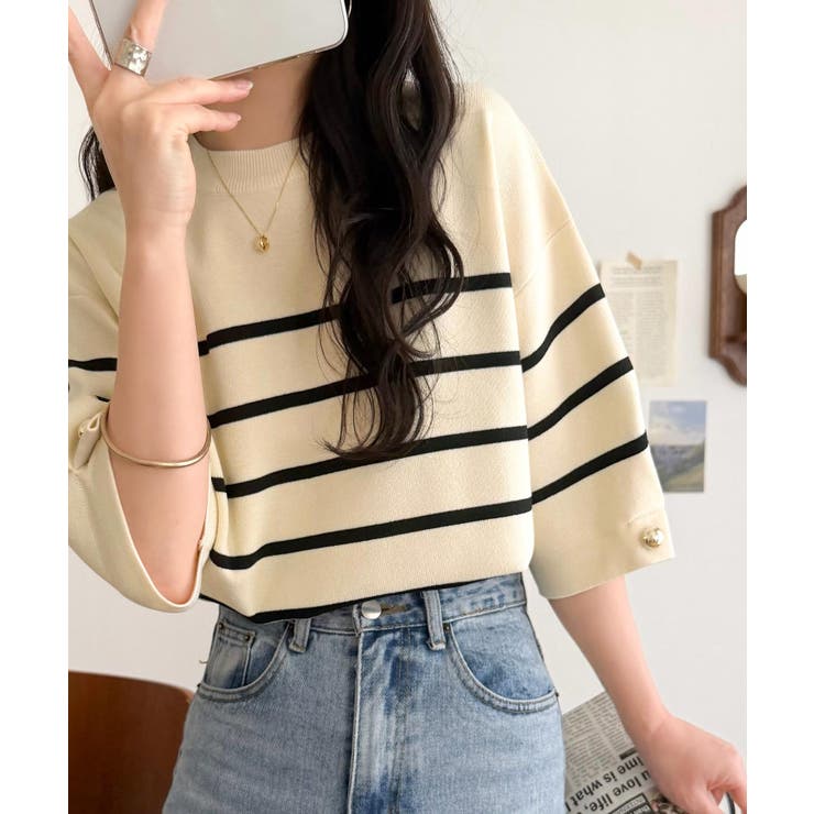 袖きらり、きちんと魅せる。ゴールドボタン使い袖タックミラノリブトップス（半袖） | Classical Elf  | 詳細画像36 