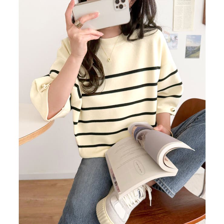 袖きらり、きちんと魅せる。ゴールドボタン使い袖タックミラノリブトップス（半袖） | Classical Elf  | 詳細画像38 