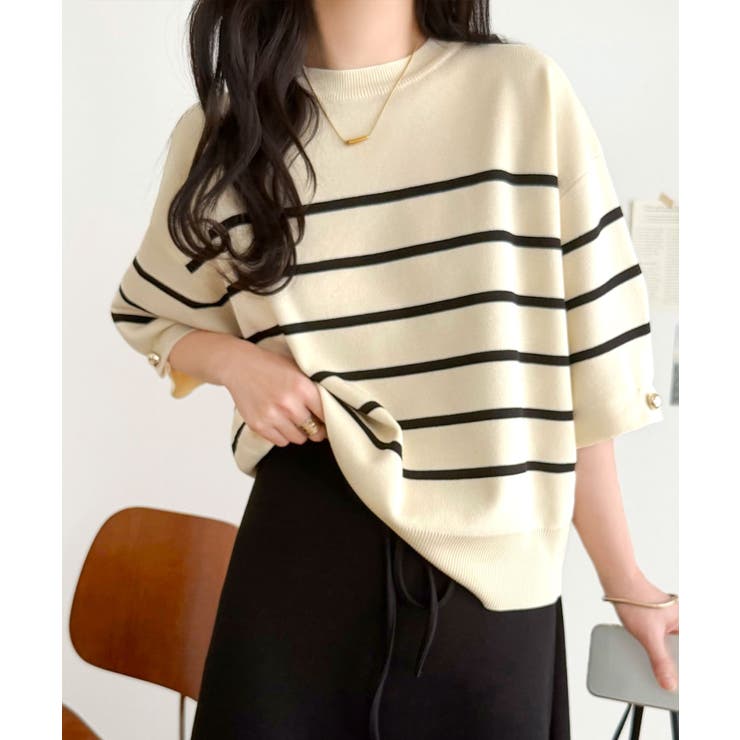 袖きらり、きちんと魅せる。ゴールドボタン使い袖タックミラノリブトップス（半袖） | Classical Elf  | 詳細画像42 