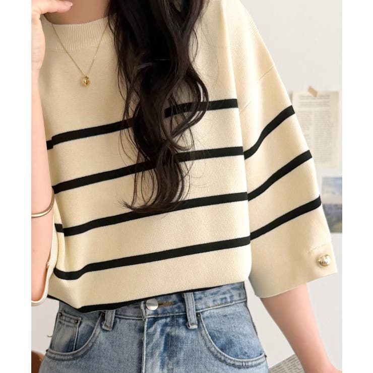 アイボリーボーダー | 袖きらり、きちんと魅せる。ゴールドボタン使い袖タックミラノリブトップス（半袖） | Classical Elf 