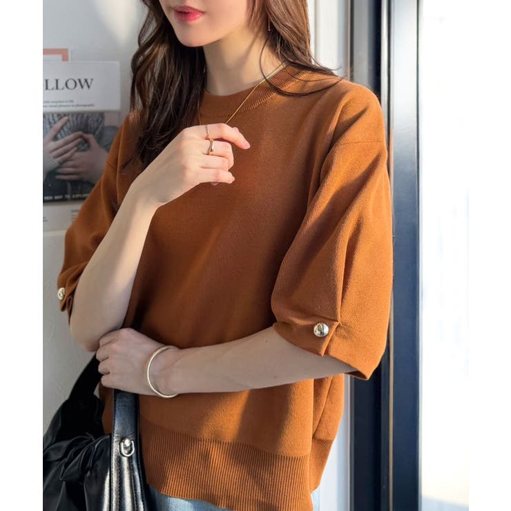 袖きらり、きちんと魅せる。ゴールドボタン使い袖タックミラノリブトップス（半袖） | Classical Elf  | 詳細画像49 